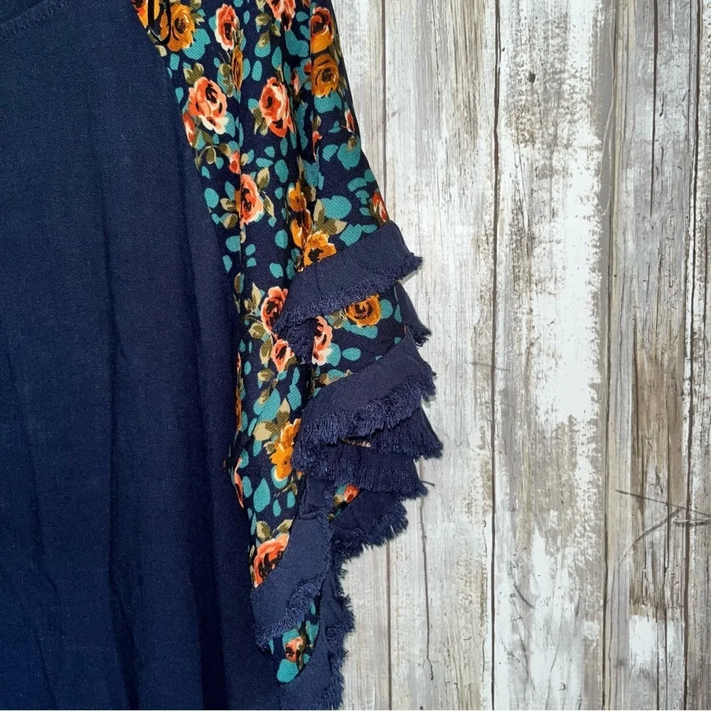 Umgee Navy Printed Accent Flutter Sleeve Fray Edge Dress - Picture 2 of 5